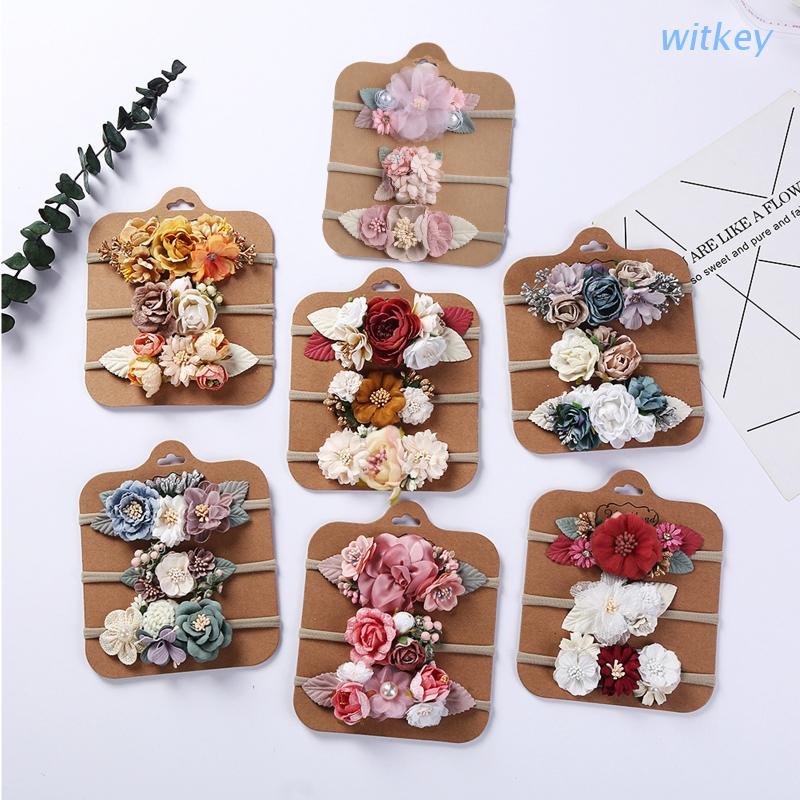 Set 3 Băng Đô Đính Hoa / Vương Miện / Lá Nhân Tạo Co Giãn Cho Bé Sơ Sinh