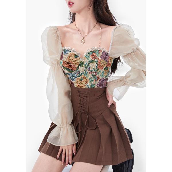 Bộ Áo Kiểu Họa Tiết Tranh Sơn Dầu Van Gogh Phối Chân Váy Xếp Ly Lưng Cao Thời Trang Cho Nữ