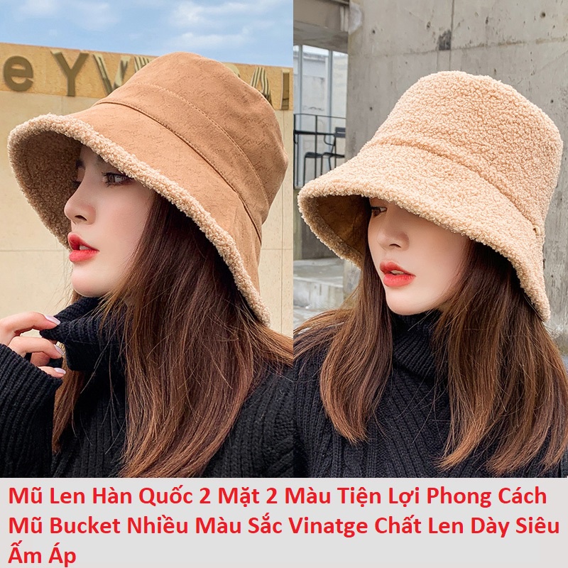 Mũ Len Hàn Quốc 2 Mặt 2 Màu Tiện Lợi Phong Cách Mũ Bucket Nhiều Màu Sắc Vinatge Chất Len Dày Siêu Ấm Áp