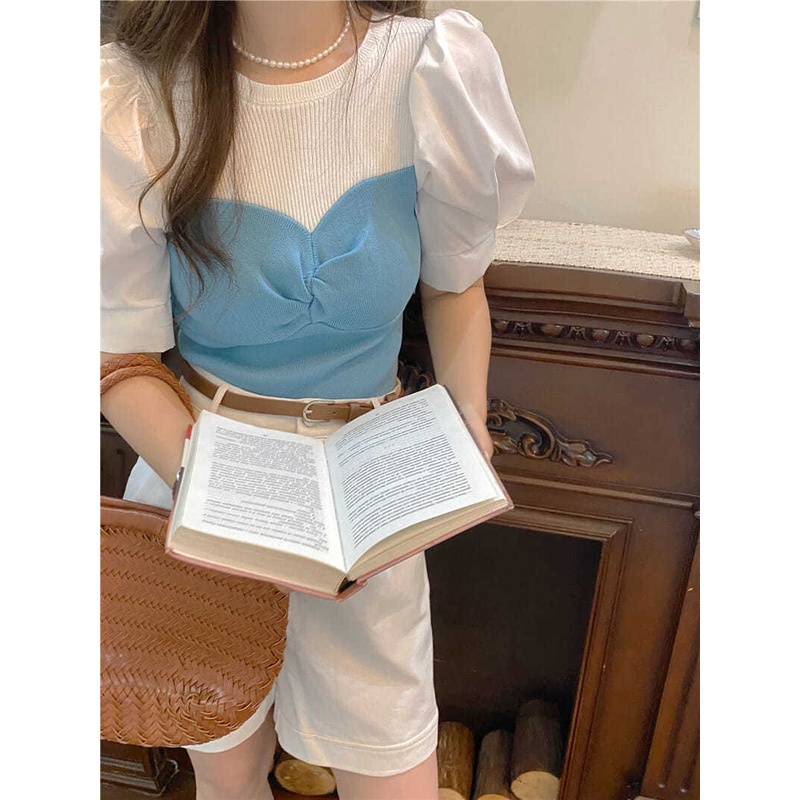 AMOI Áo Dệt Kim Mỏng Tay Phồng Ngắn Màu Sắc Tương Phản Kiểu Pháp Xinh Xắn Cho Nữ