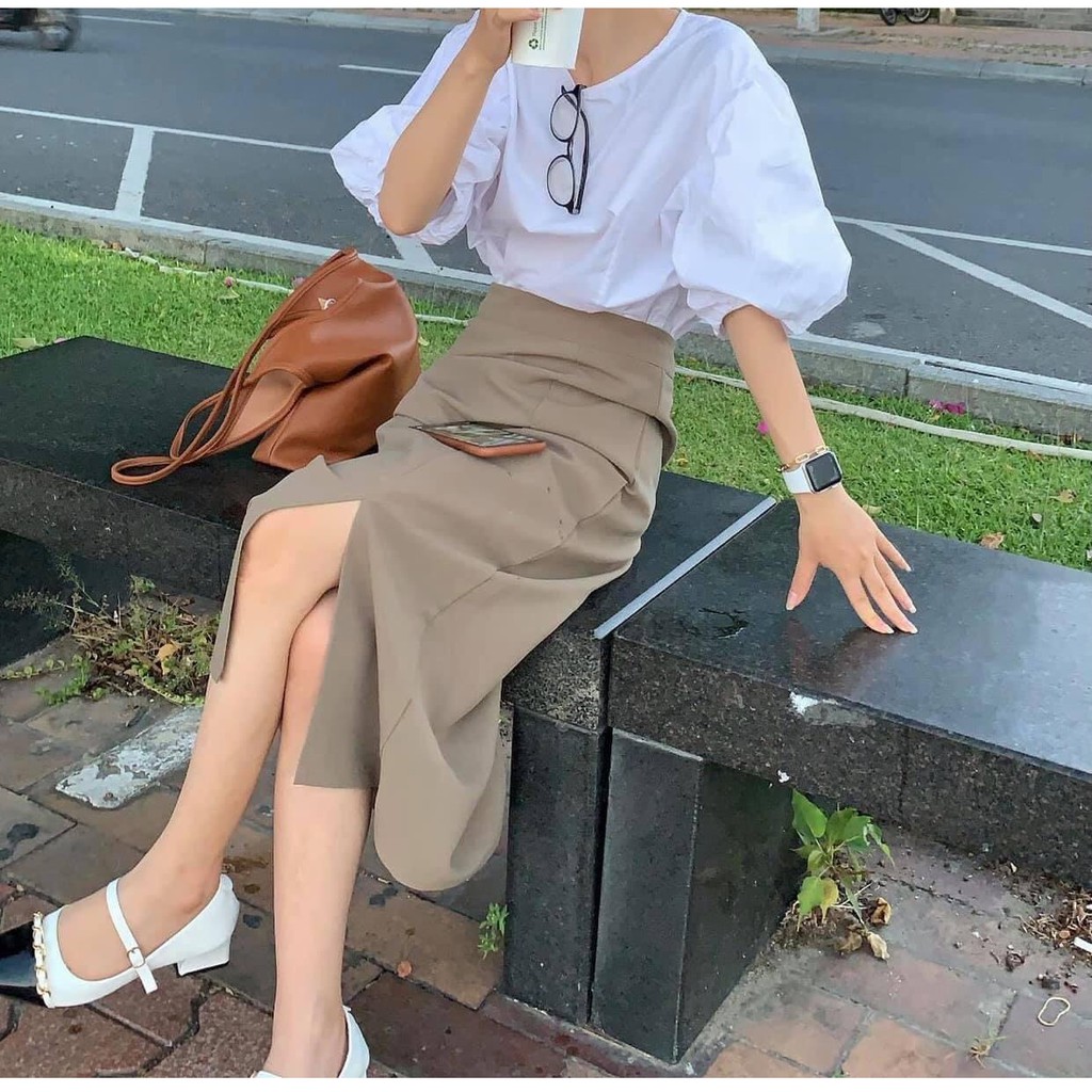 Set chân váy kaki dáng dài xẻ tà kèm áo babydoll tay bồng
