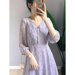 (Có sẵn S) Váy voan hoa nhí màu tím Pastel nhẹ nhàng tiểu thư dáng dài tay lỡ