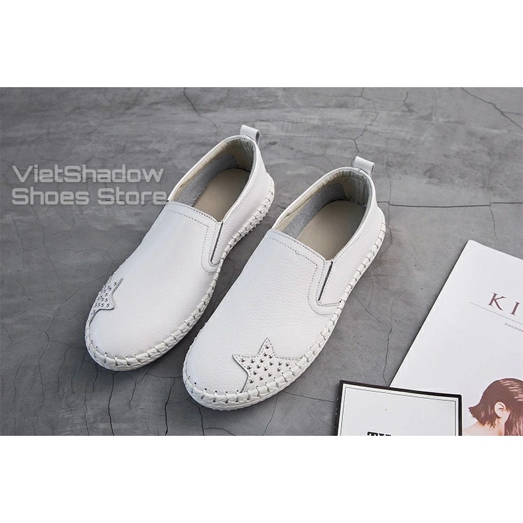 Slip on da nữ - Giày lười da nữ đế khâu - Chất liệu bò 2 màu đen và trắng - Mã SP 621