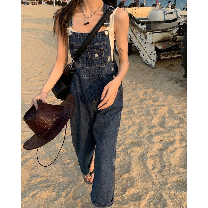 Quần yếm bò Ulzzang / yếm jeans ống rộng màu xanh đậm / quần yếm denim ống rộng | BigBuy360 - bigbuy360.vn