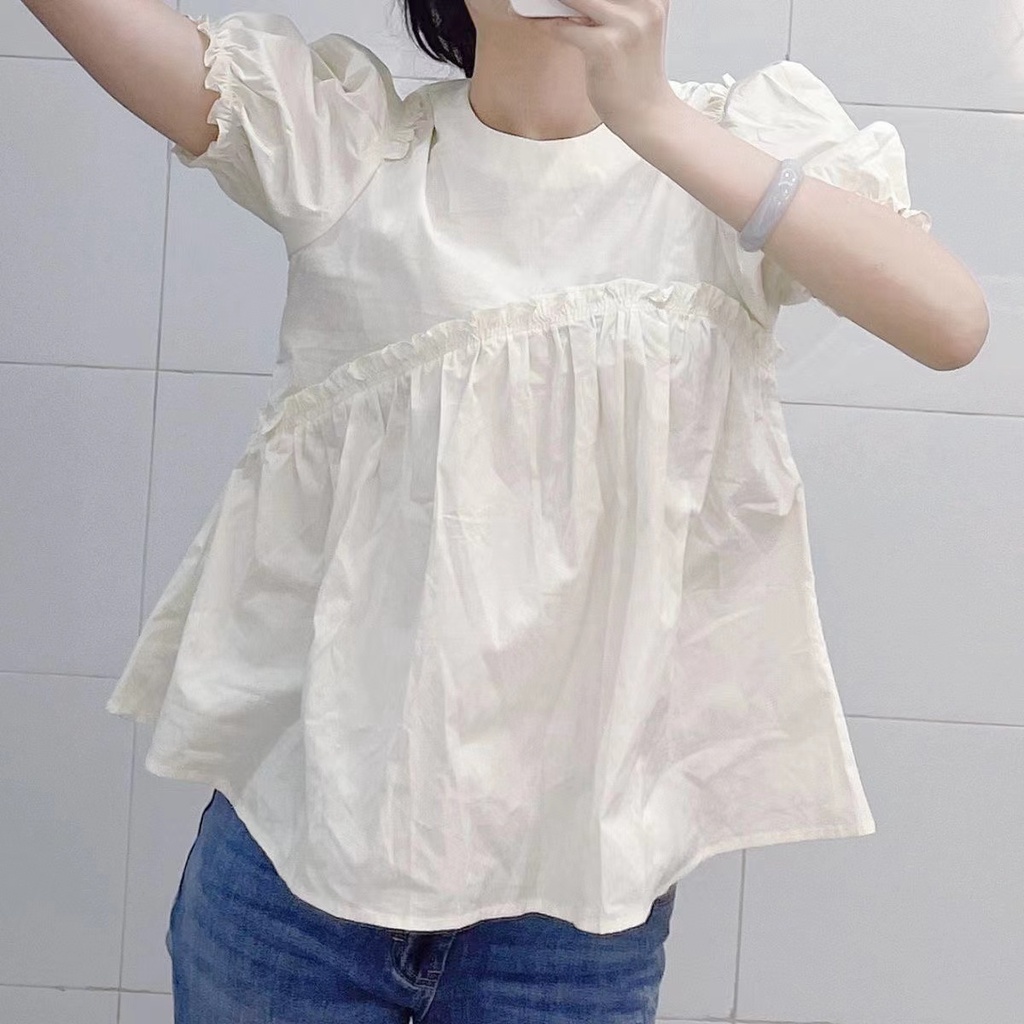 Áo Kiểu Cổ Tròn Tay Ngắn Dáng Rộng Thời Trang Hàn Quốc Cho Nữ