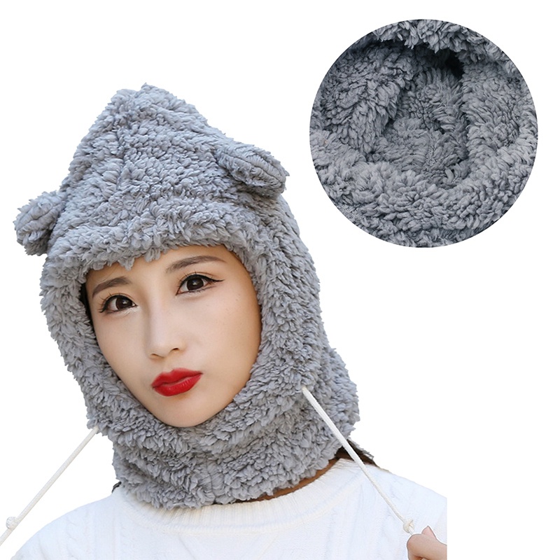 Set Mũ beanie Kèm Khăn Choàng Cổ Đính Tai Gấu Bông Dễ Thương Cho Nữ