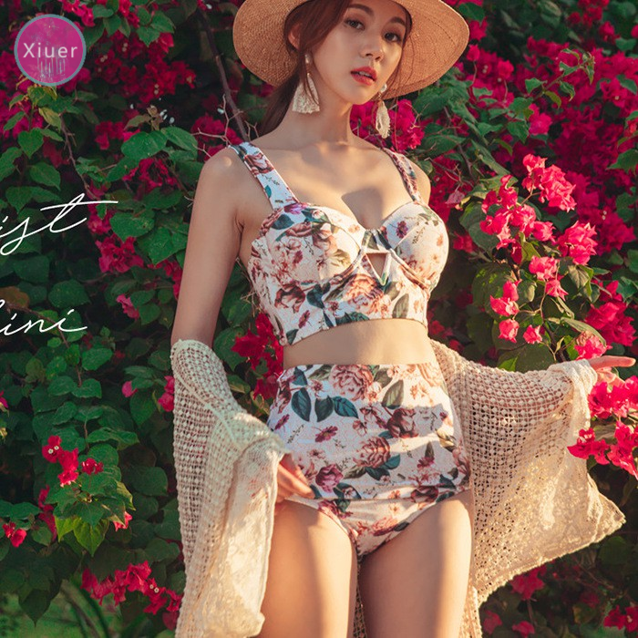 Bikini lưng cao gợi cảm, áo tắm hoa đeo chéo, vải cao cấp, có ngực xốp, đồ đi biển Y07 | BigBuy360 - bigbuy360.vn