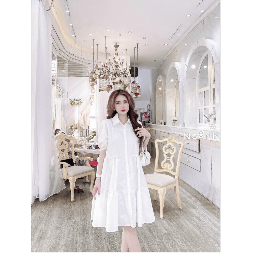 Đầm babydoll cổ áo sơ mi cài nút, dáng váy xòe, thích hợp mặc ở nhà, đi chơi, đầm bầu, hai màu trắng, be