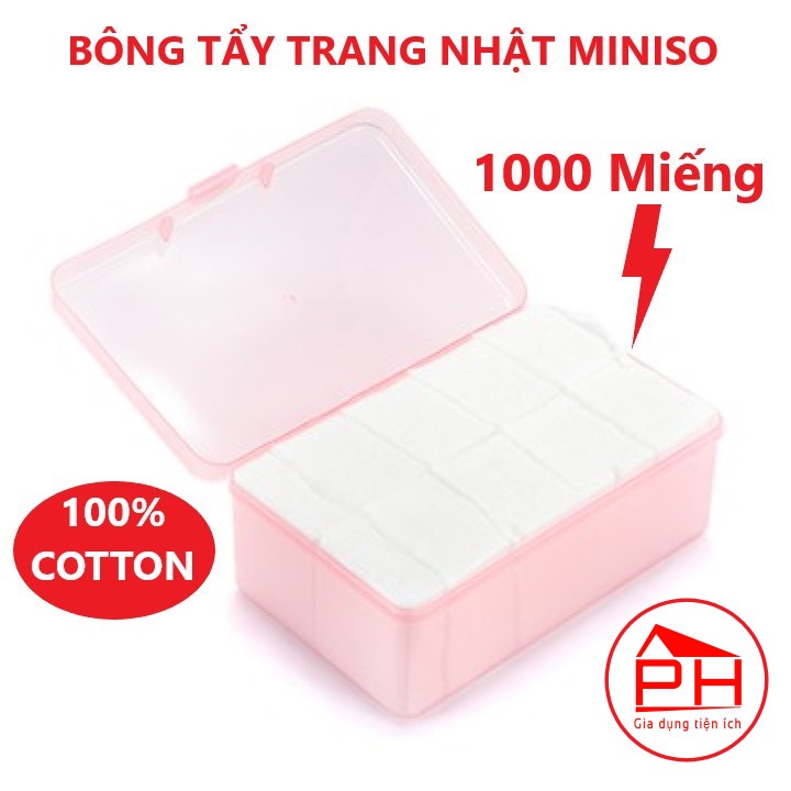 (HỘP 1000 miếng) BÔNG TẨY TRANG MINISO NHẬT BẢN 100% cotton mềm mại thấm hút tốt - Gia dụng Phước Hòa