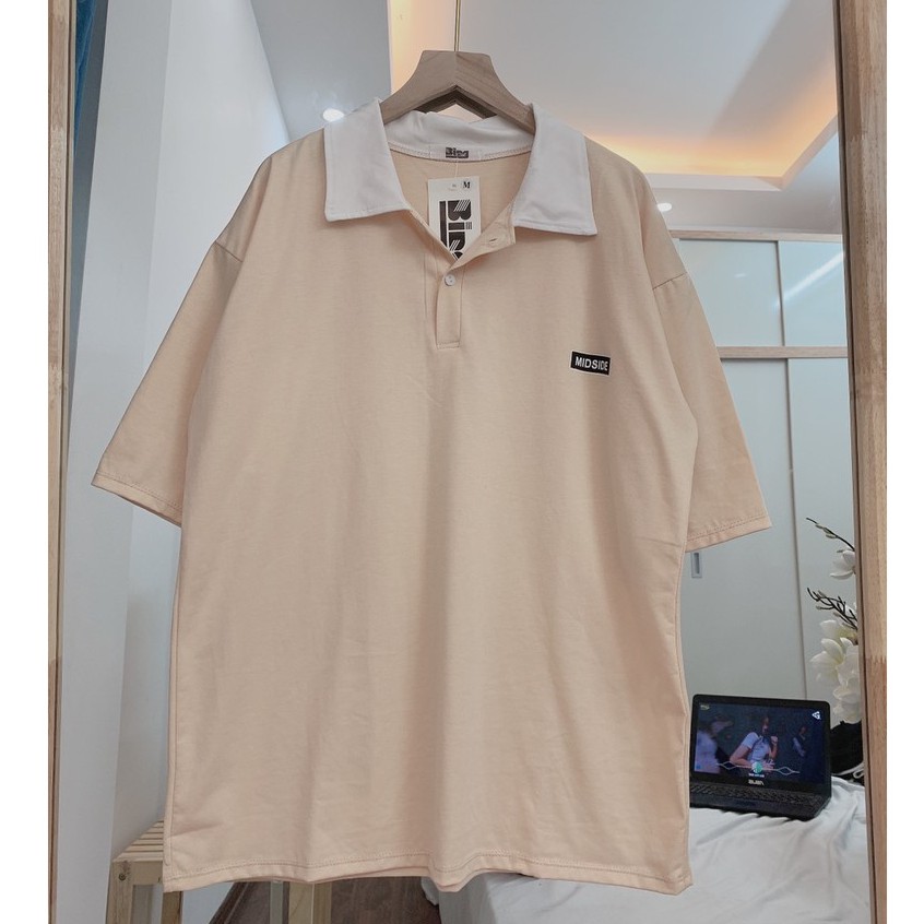 Áo polo tay lỡ có size dáng dài cổ phối màu be nhạt Vanmiushop