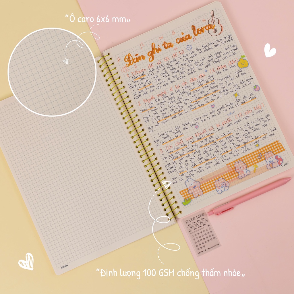 Sổ lò xo đơn Caro (6 x 6) mm A4, giấy 100gsm không lem, viết Bullet Journal - 200 trang; MS 590