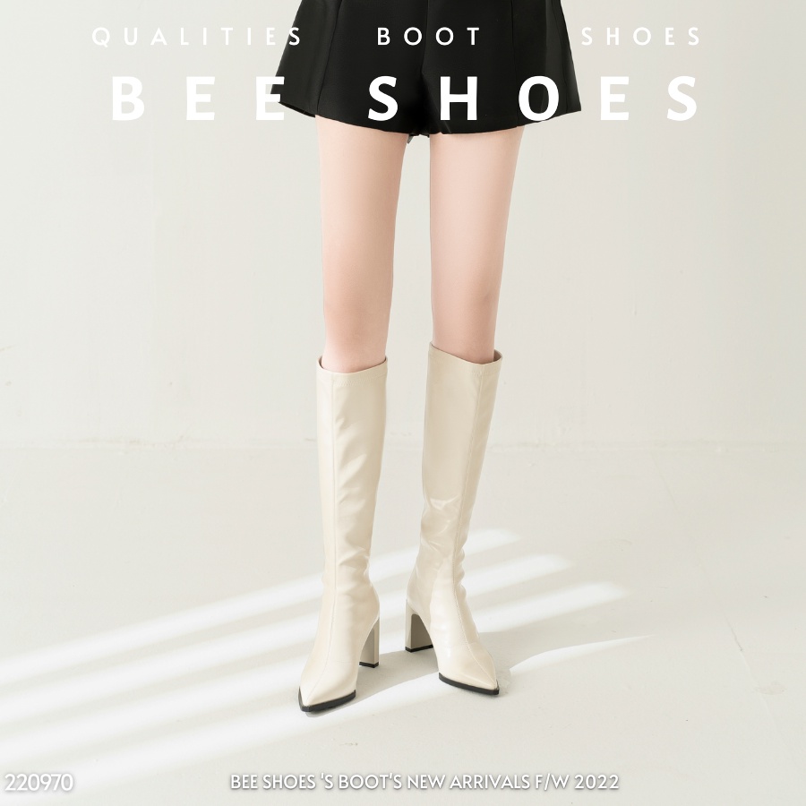 BOOT NỮ BEESHOES MŨI NHỌN DA LÌ - GIÀY BỐT NỮ ĐẾ CAO 7 PHÂN SẴN MÀU ĐEN - KEM 220970