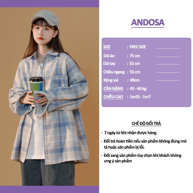 Áo sơ mi unisex form rộng tay dài kẻ caro đẹp hàng Quảng Châu ANDOSA SM09
