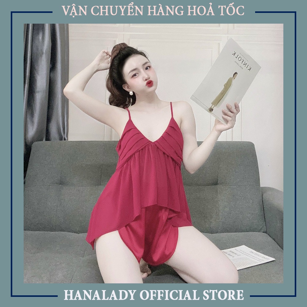 Pyjama bộ ngủ nữ 2 dây lụa satin nhiều màu áo hai dây kèm quần đùi HanaLadyStore V478