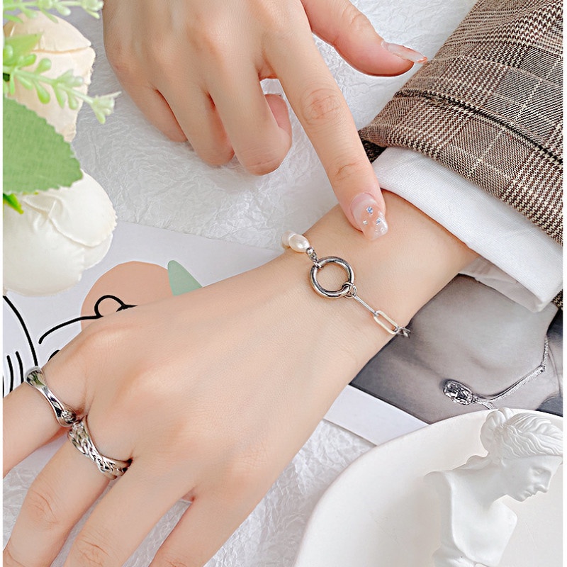 Lắc Tay Dây Xích Phối Ngọc Trai Nhân Tạo Titan Ko Đen TT 4255