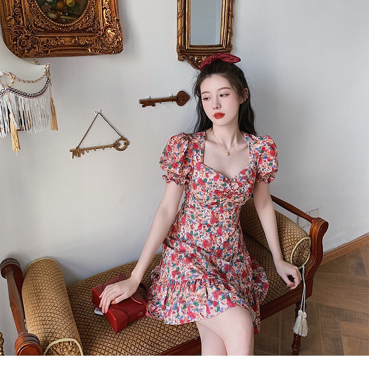 Váy Hoa Nhí Ngắn Tay Phồng Tiểu Thư Dáng Xòe Dài Chun Eo Vintage Vải Cotton Mát Đi Chơi Biển Học Mùa Hè Xuân Thu