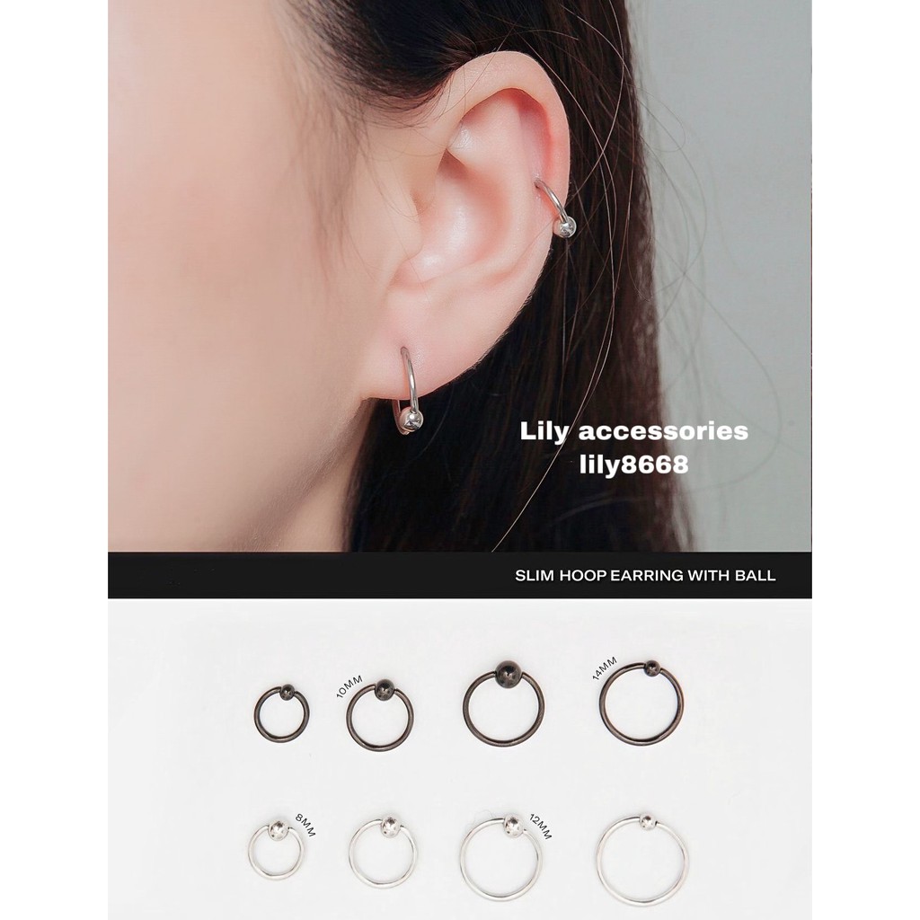 Slim Hoop Earring With Ball khuyên tai titan tròn bi không gỉ không đen không dị ...