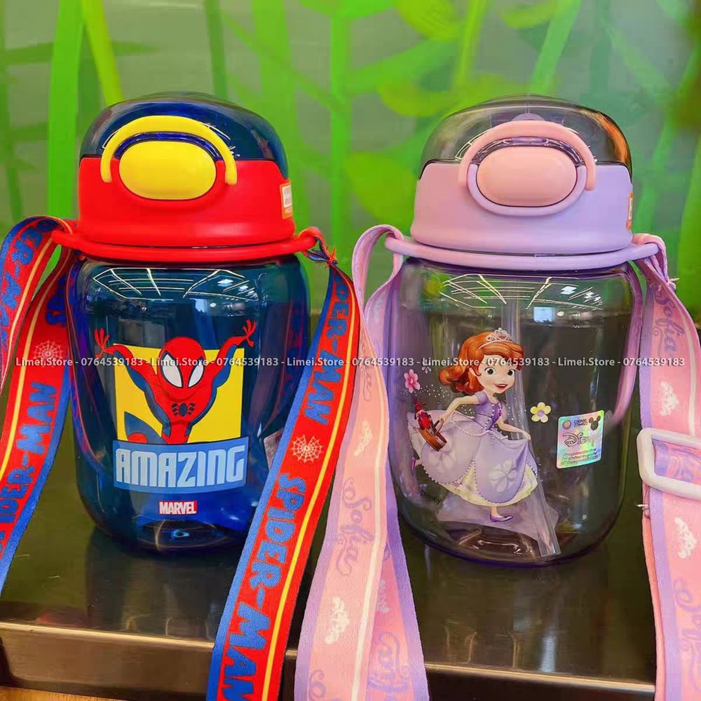 Bình nước ống hút kèm dây đeo cao cấp Disney Minnie Spiderman 480ml cho trẻ em 2145
