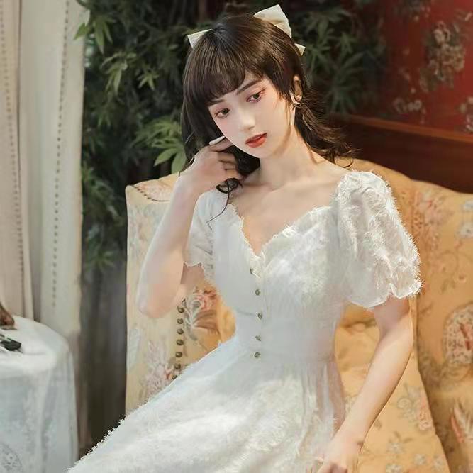 Đầm Tay Phồng Cổ Vuông Màu Trắng Phong Cách Retro Pháp Xinh Xắn Cho Nữ đầm dự tiệc dáng dài