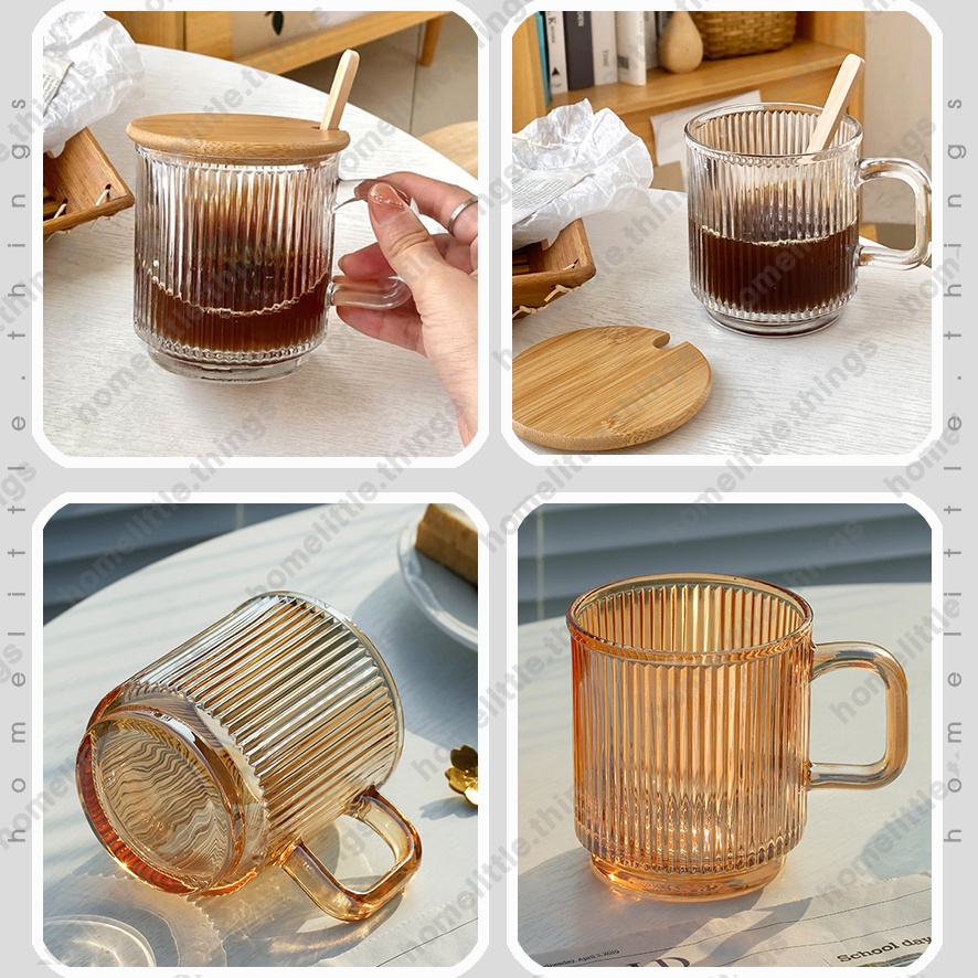 Ly, cốc thủy tinh uống nước & cà phê, kiểu dáng tròn có QUAI cầm vân sọc dọc sang trọng
