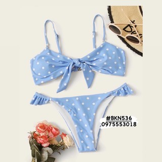 Set bikini chấm bi nơ ngực màu xanh