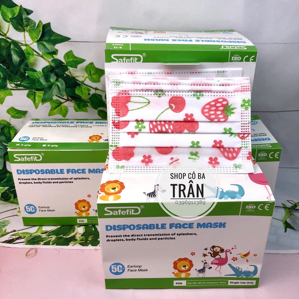 Khẩu trang cho bé 3 lớp hộp 50 cái cho bé từ 6 – 13 tuổi - Khẩu trang kháng khuẩn Safefit