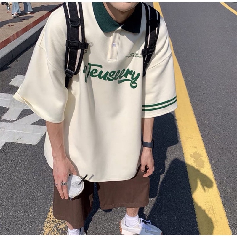 Áo thun Polo Unisex WEUSEERY màu XANH/KEM form rộng Ulzzang  Chất thun da cá form nam nữ unisex