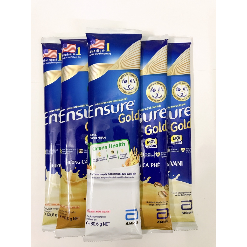 Sữa gói Ensure gold hương Vani, hương ít ngọt vani, hương lúa mạch 60.6g
