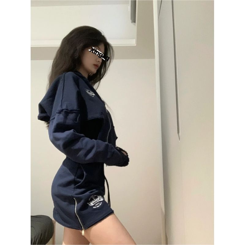 Bộ Áo Khoác Lửng Dài Tay + Chân Váy Thể Thao Phong Cách Retro Mỹ Xingxg Cho Nữ