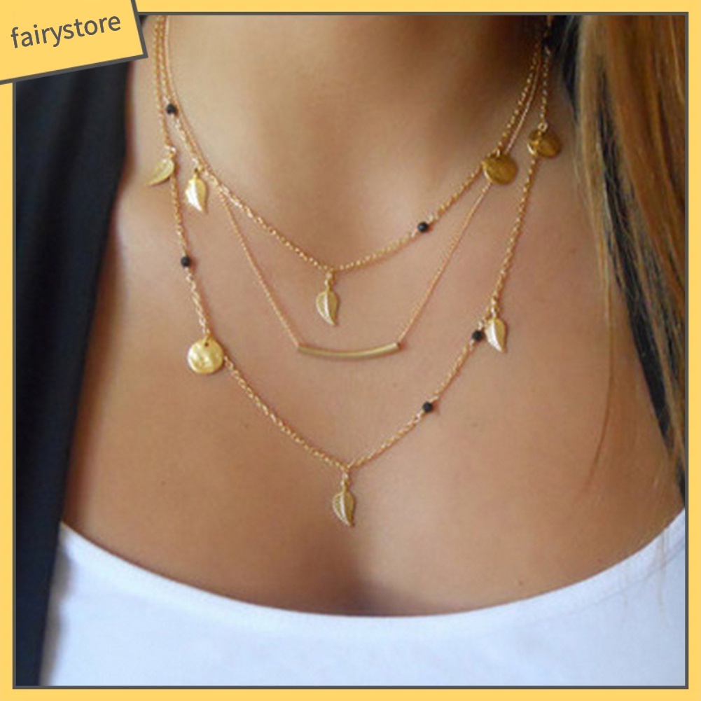 Vòng Cổ Nhiều Lớp Mặt Tròn Hình Chiếc Lá Thời Trang