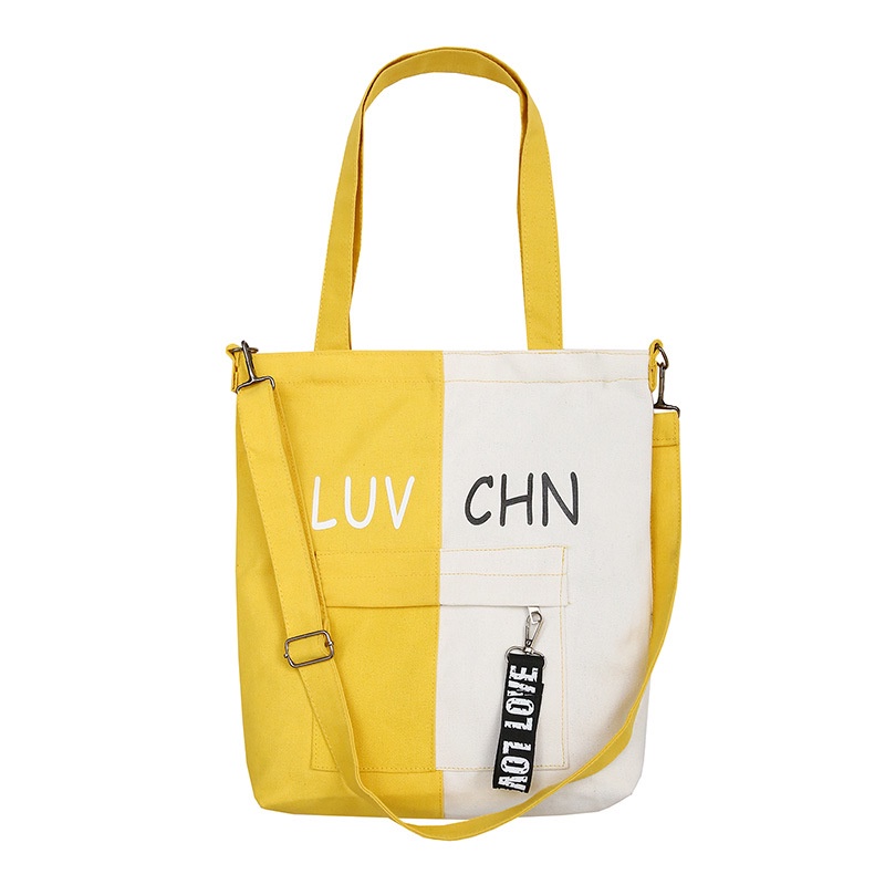 Túi Xách Canvas Thêu Chữ Phối Hai Mặt Dễ Thương Cho Nữ