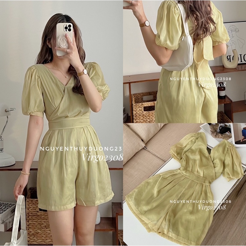 JUMPSUIT VOAN TƠ TAY BỒNG NƠ LƯNG MÀU XANH BƠ xinh xắn