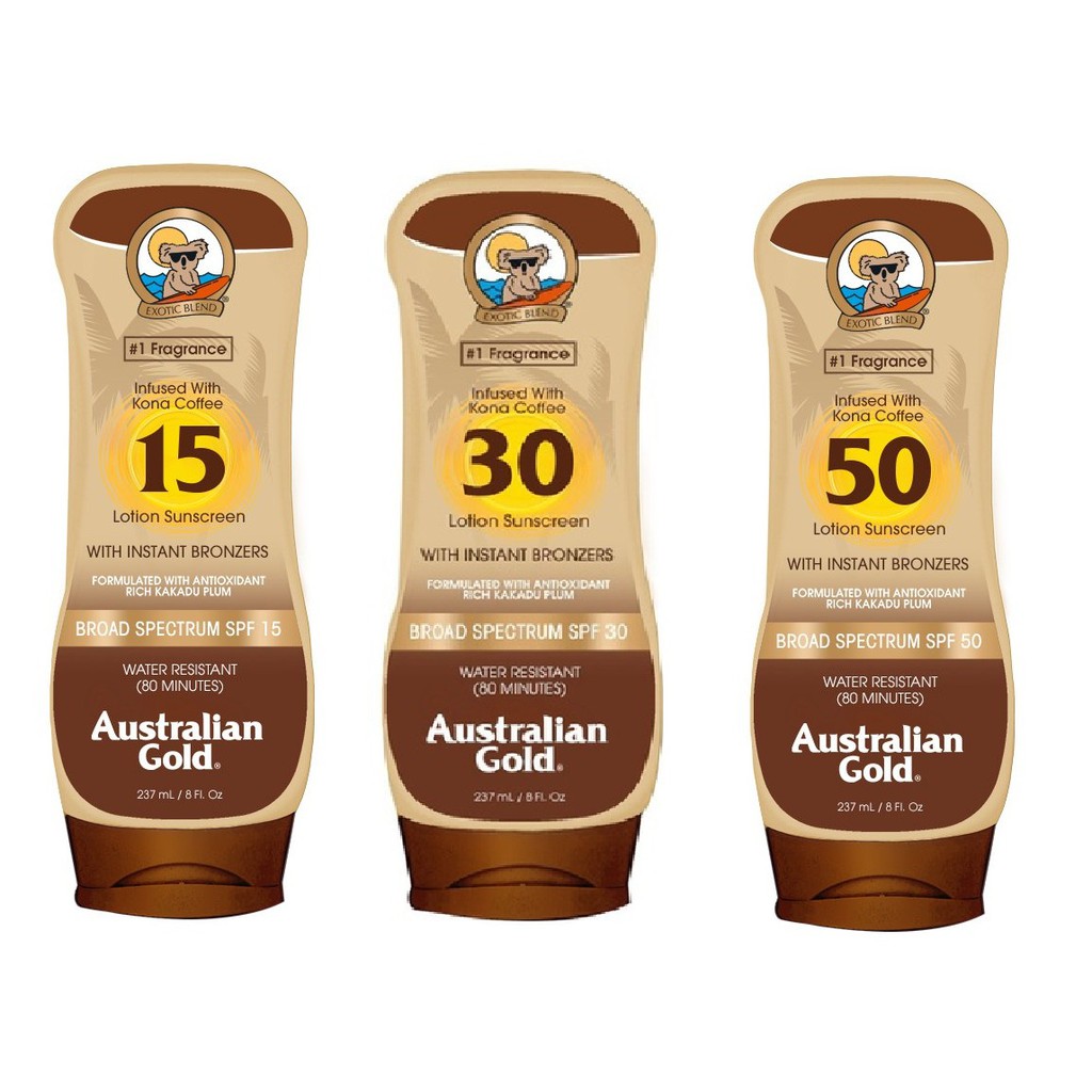 Kem chống nắng &amp; nhuộm da nâu Australian Gold Sunscreen Lotion with Kona Coffee Infused Bronzer 237ml (Mỹ)