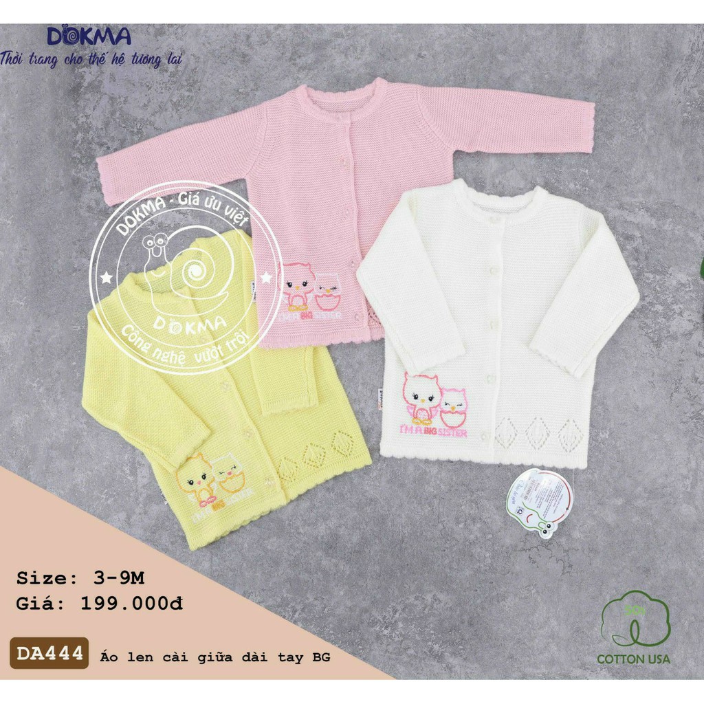 (SIÊU HOT) DOKMA DA444 ÁO KHOÁC LEN CÀI GIỮA DÀI TAY CHO BÉ GÁI CHẤT COTTON ORGANIC (TRẮNG - VÀNG - HỒNG).