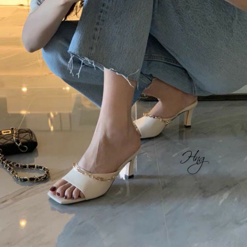 Guốc kela da thật xích siêu siêu đẹp Đen Vàng kem Trắng