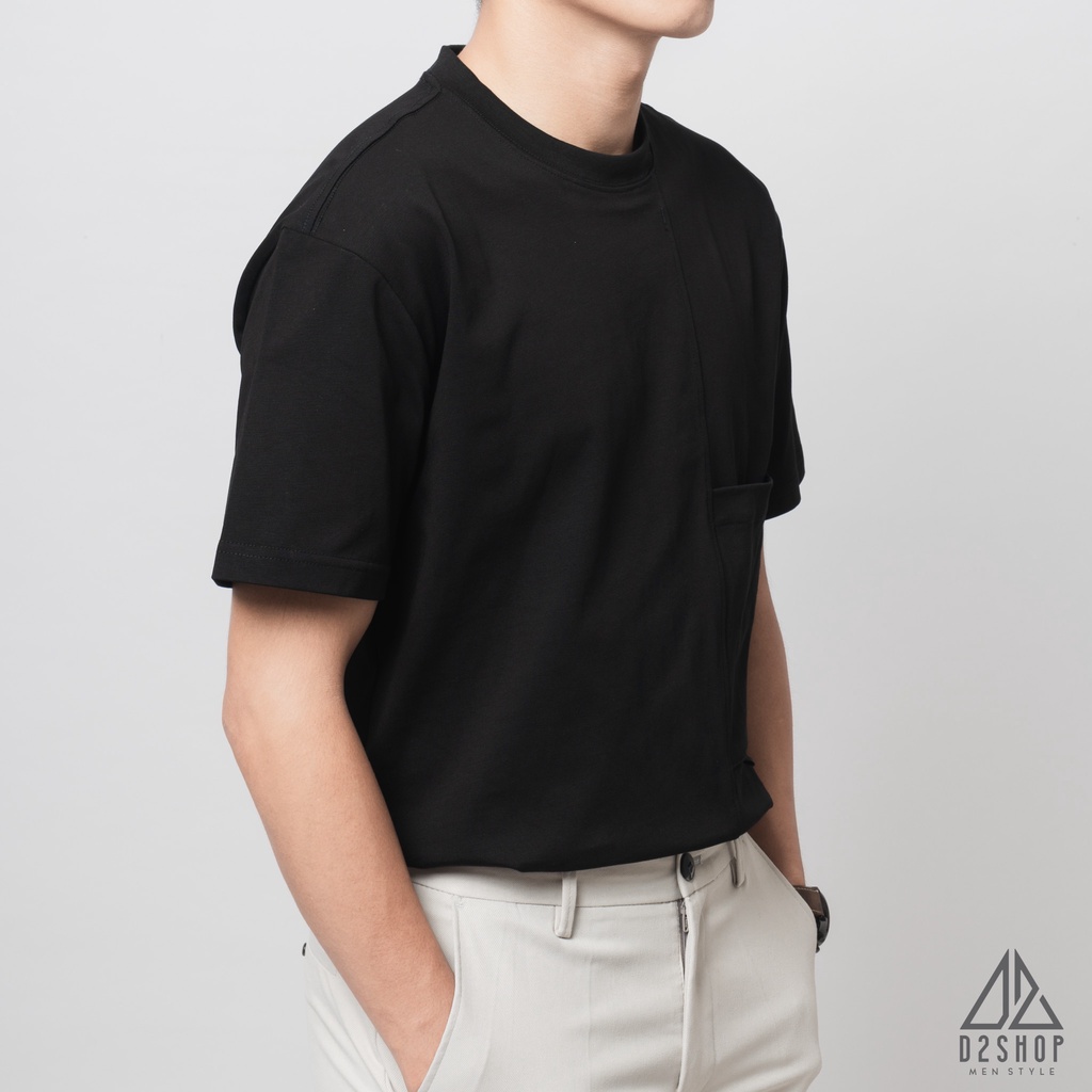Áo thun nam D2shop, áo thun cổ tròn phối túi, màu đen