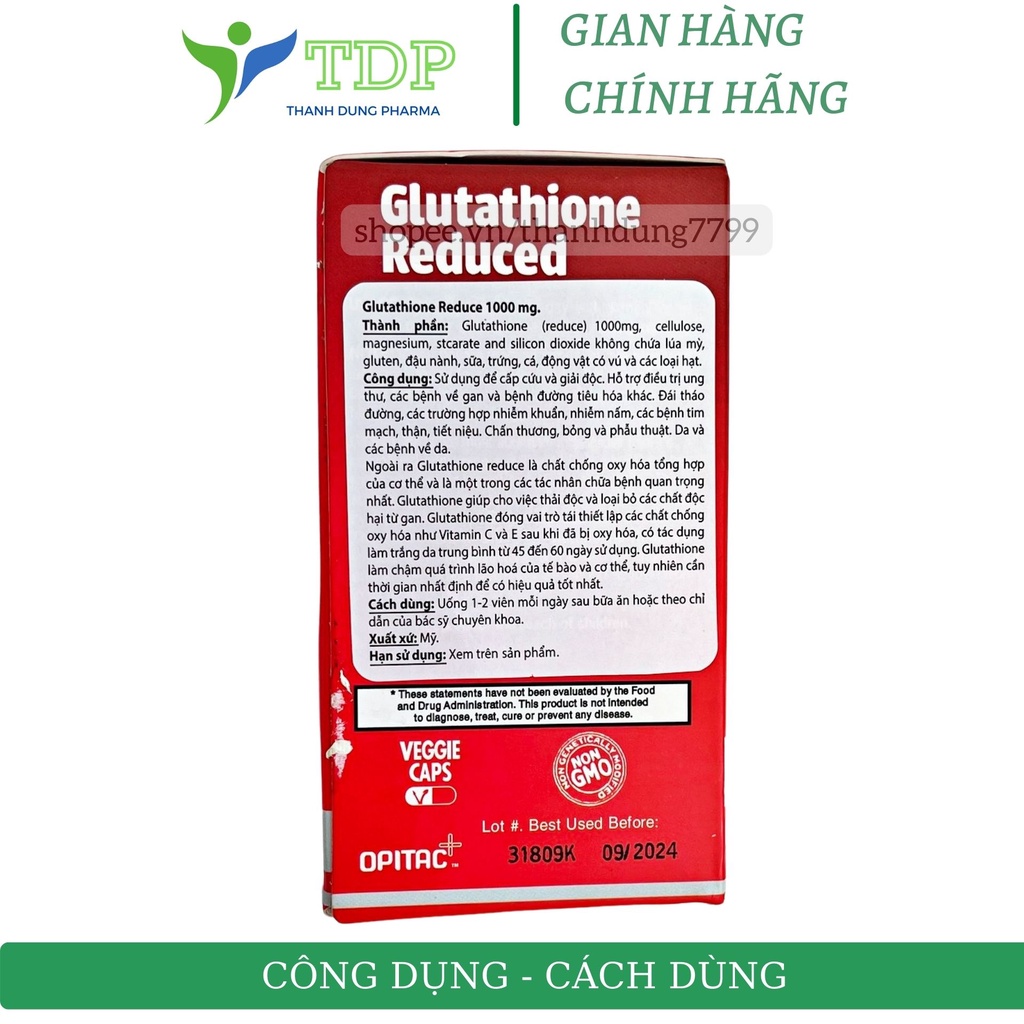 Viên uống trắng sáng da, mờ thâm nám Glutathione reduced 1000mg jarrow formulas chống oxi hoá hỗ trợ sức khoẻ- chai 60 v