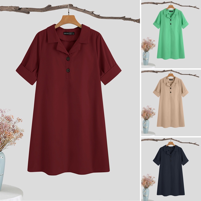 Đầm Zanzea tay ngắn cổ bẻ phong cách Hàn Quốc thời trang cho nữ