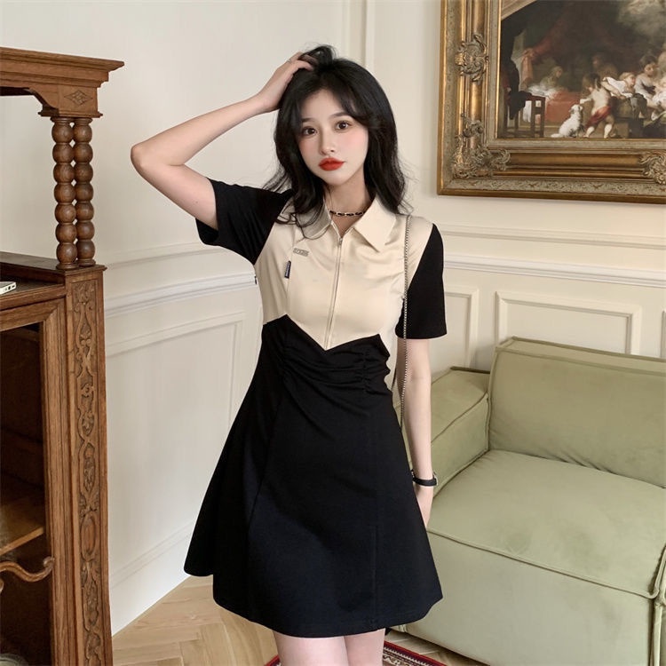 Đầm Tay Ngắn Cổ POLO Màu Sắc Tương Phản Thiết Kế Xẻ Tà Phong Cách Hàn Quốc Cho Nữ