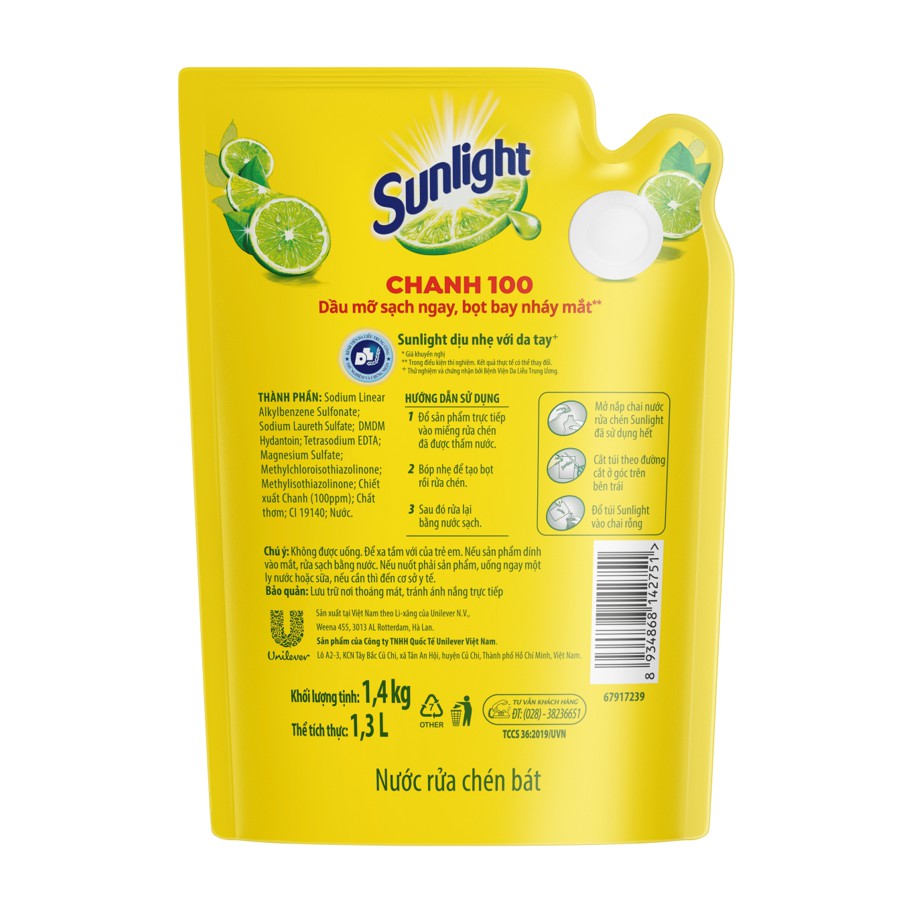 [ GIÁ HỦY DIỆT ] Nước rửa chén Sunlight Chanh túi 1.4kg