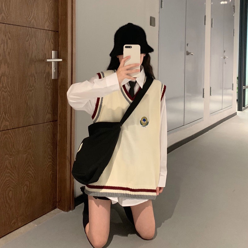 Bộ Áo Sơ Mi Dệt Kim Không Tay+Chân Váy Xinh Xắn Theo Phong Cách Nhật Bản Dành Cho Nữ
