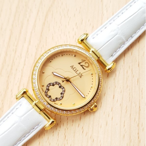 Đồng hồ Nữ AOLIX Chính hãng, dây da trắng, mặt vàng, cao cấp, sang trọng, kính Sapphire, chống xước, chống nước