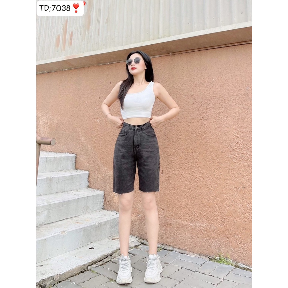 Quần short jean nữ JohnsonLi, lưng cao phối rách denim cotton, rin ngắn phối rách JL 01