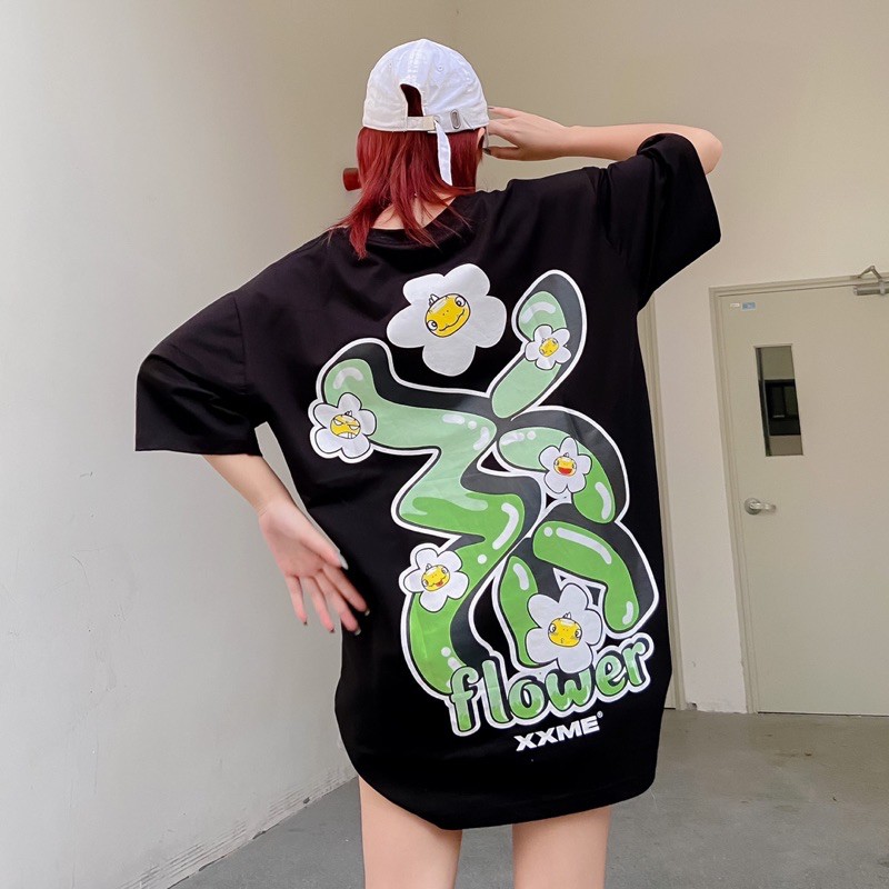 Áo thun | Áo phông nam nữ cotton thoáng mát Big logo Flower - XXME - Đen/ Xanh rêu