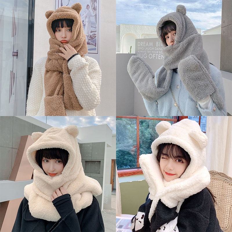 Khăn quàng cổ kiêm mũ trùm và găng tay thiết kế hình tai gấu dễ thương xinh xắn