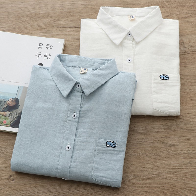 Áo Sơ Mi Cotton Nguyên Chất Thân Thiện Với Da Tay Dài Màu Trơn Thêu Hình Cô Gái Đơn Giản Có Thể Ngọt Ngào