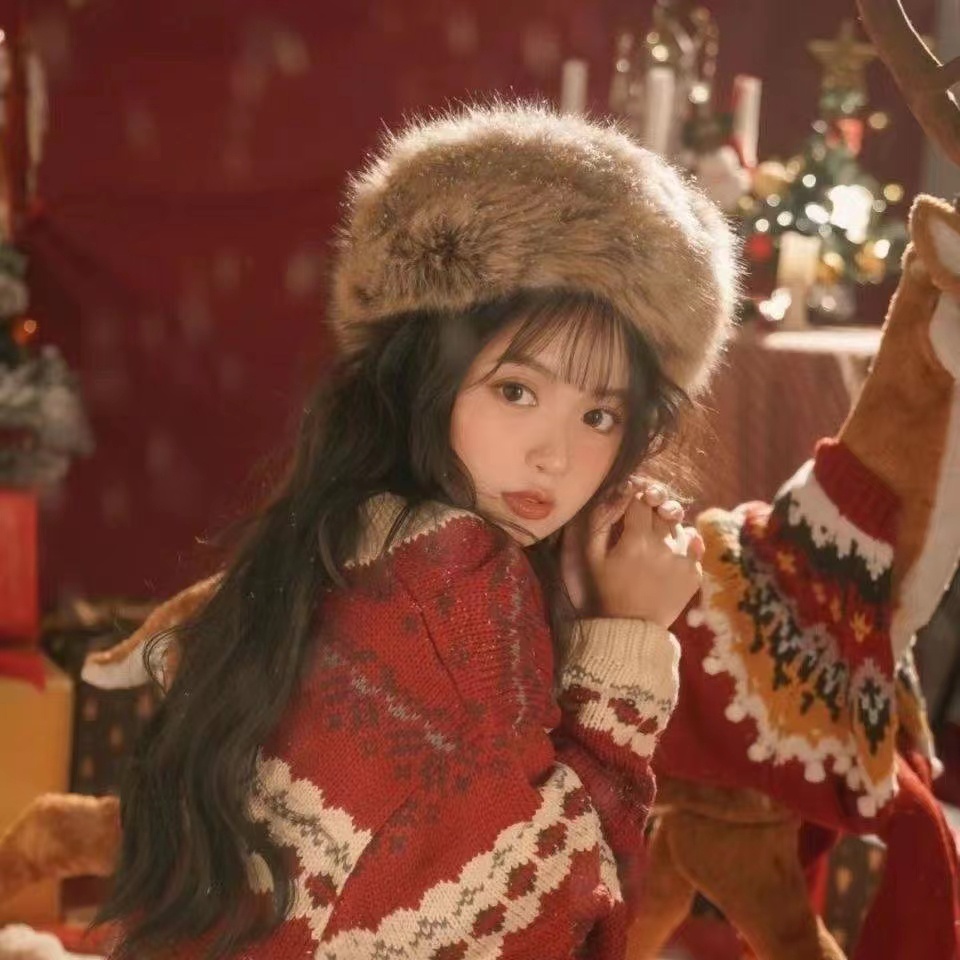 Áo len giáng sinh ZHELIHANGFEI dệt kim màu đỏ cổ tròn tay dài dáng rộng phong cách Nhật Bản