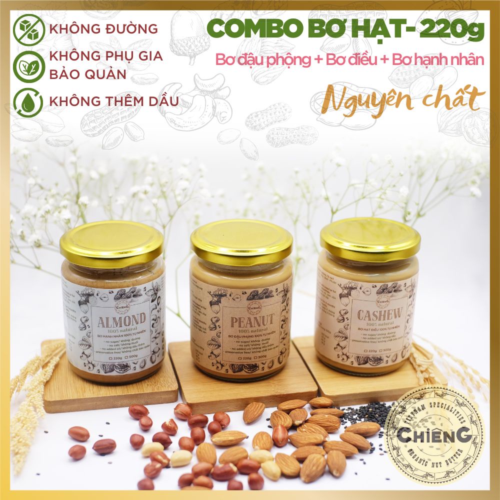 Combo 3 - 1 Bơ đậu phộng + 1 Bơ điều + 1 Bơ hạnh nhân - Bơ hạt không đường, Bơ hạt ăn kiêng, nguyên chất -220g/550g