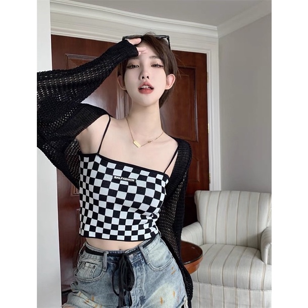 set áo len lưới lửng mix dây len ô caro (27813-2#)