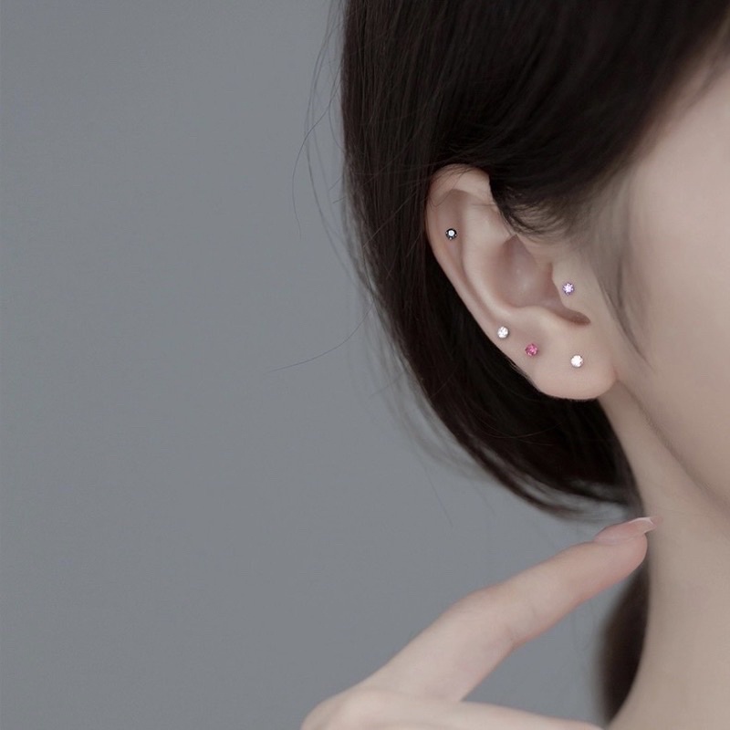 Khuyên tai bạc nụ nhiều màu đá Bông tai bạc nam nữ CHILLEE